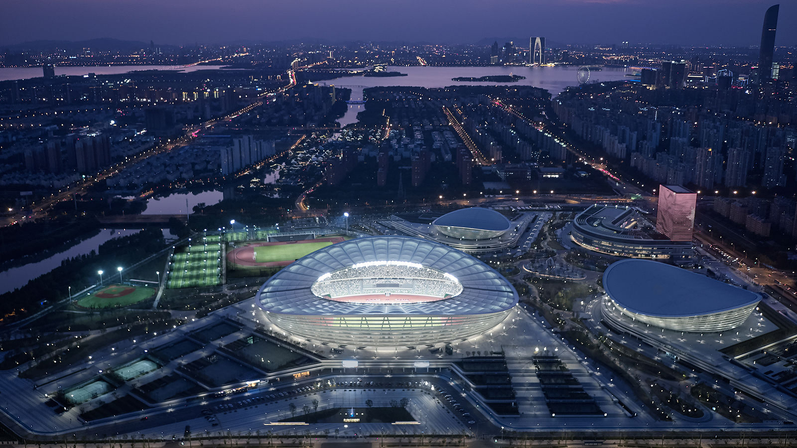 Night aerial view of a major China stadium district